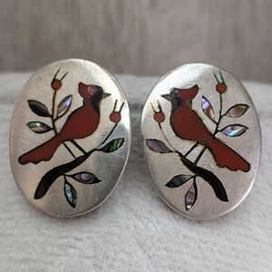 BH Signed Navajo Sterling 925 Red Coral & Abalone Cardinal Mosaic Inlay Earrings